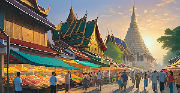 A lively street market in Bangkok with colorful food stalls and shoppers, illuminated by warm sunlight during the golden hour.