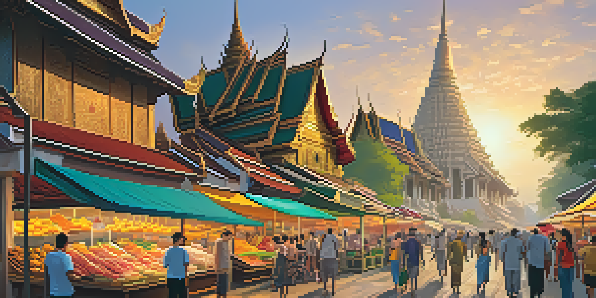 A lively street market in Bangkok with colorful food stalls and shoppers, illuminated by warm sunlight during the golden hour.
