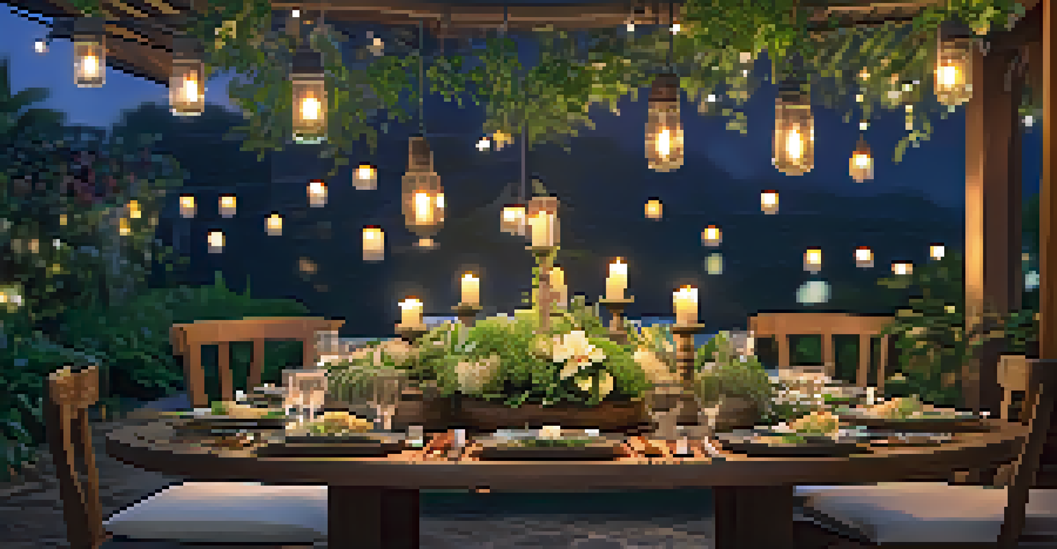 A farm-to-table dinner setup with traditional Thai dishes, rustic wooden plates, fresh flowers, and fairy lights creating a warm ambiance.