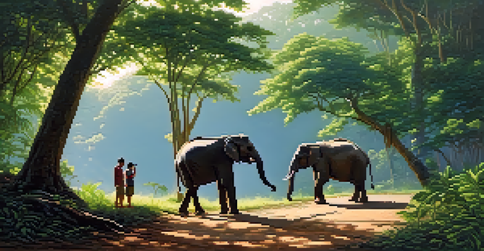A peaceful national park in Thailand with tourists observing elephants and a local guide in a lush green setting under a blue sky.