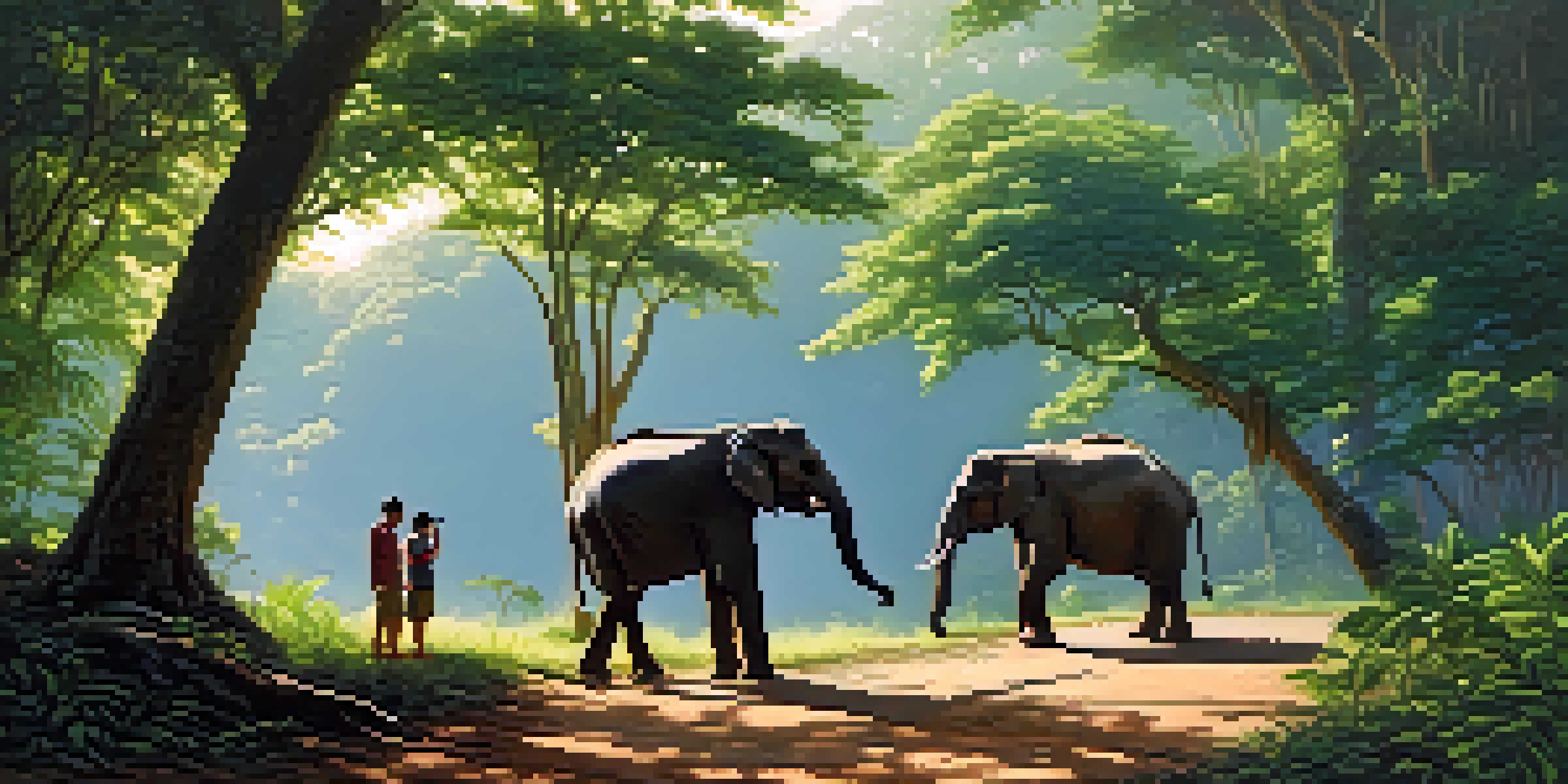 A peaceful national park in Thailand with tourists observing elephants and a local guide in a lush green setting under a blue sky.