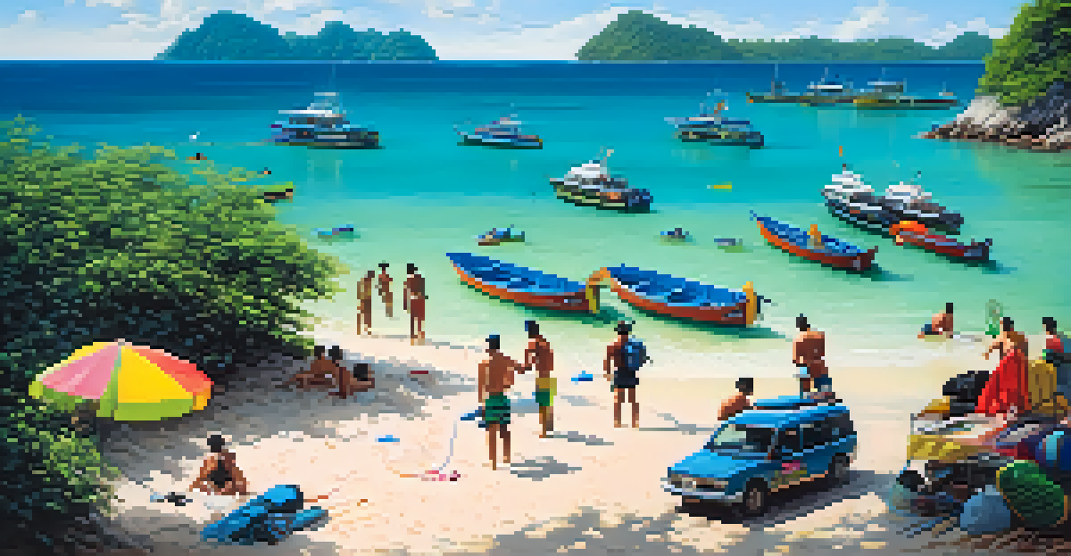A sandy beach in Thailand with scuba divers preparing their gear, colorful boats, and clear blue waters surrounded by green hills.
