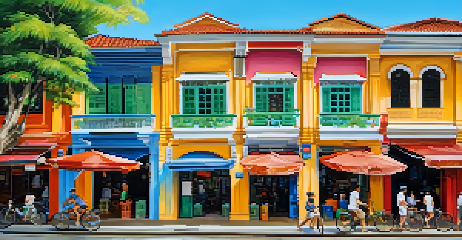 Colorful Sino-Portuguese architecture in Phuket's Old Town with locals and cafes.
