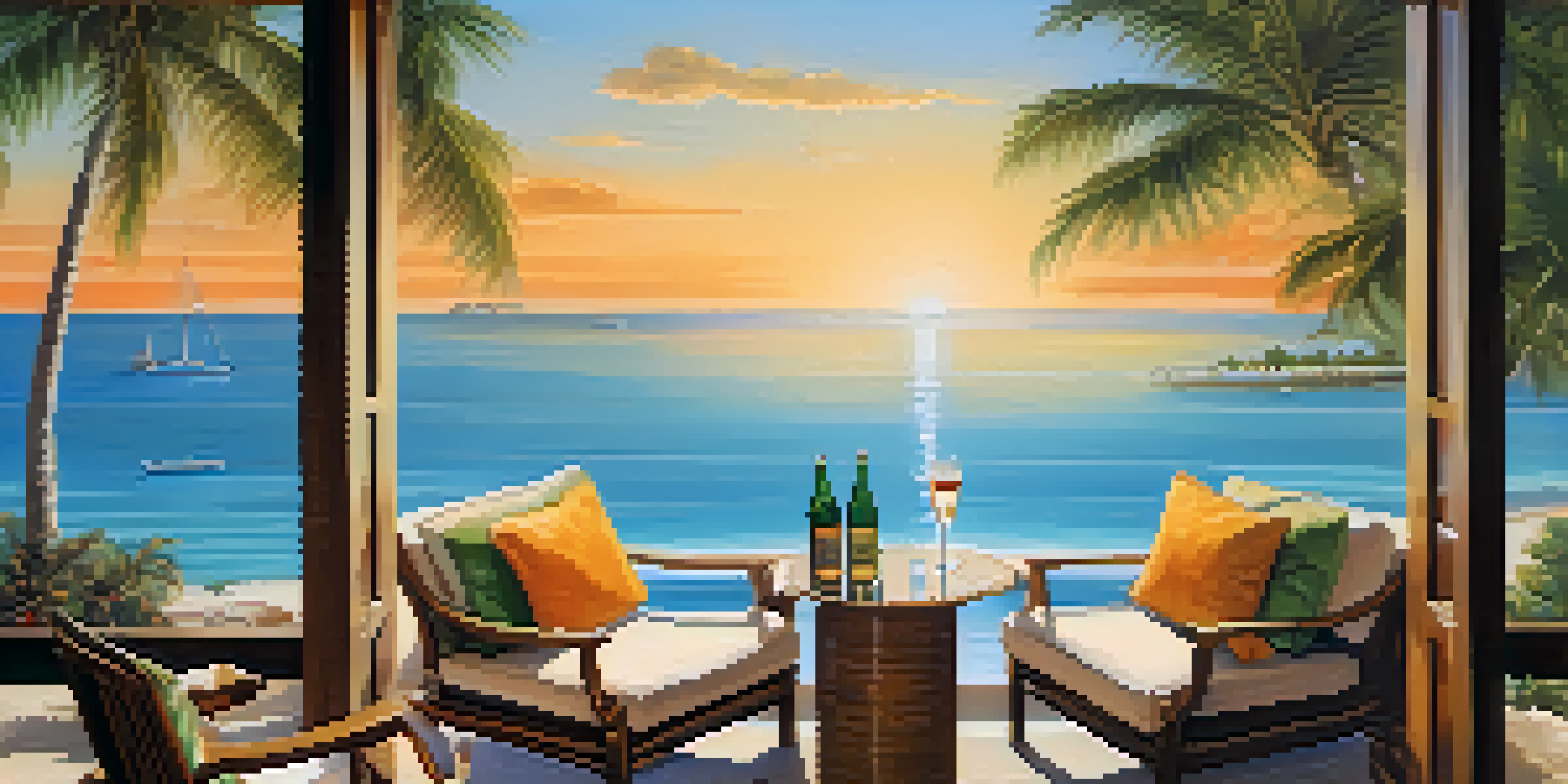 A peaceful beachfront view from a private balcony at a boutique resort, featuring lounge chairs and a sunset.