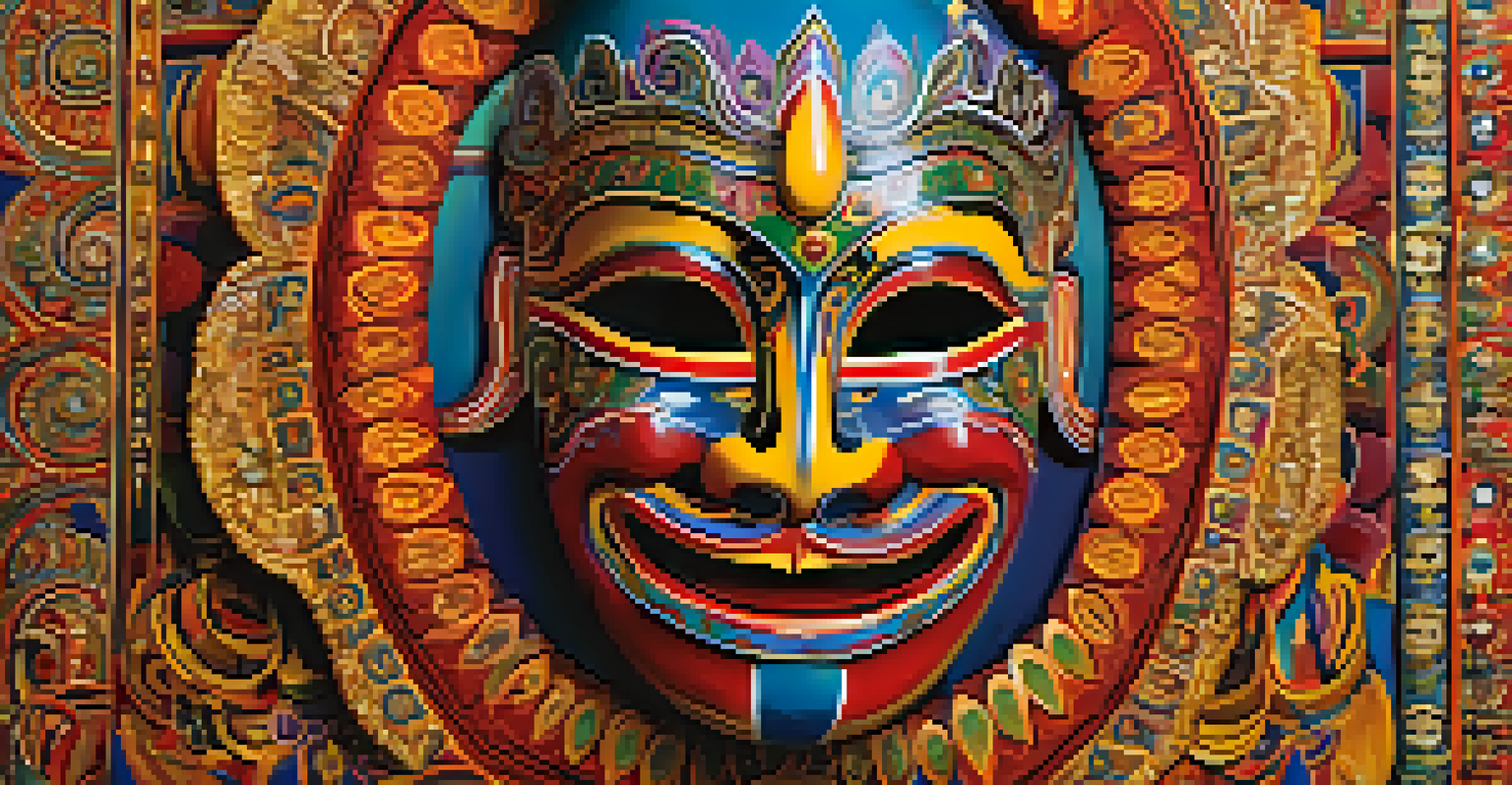 A close-up view of a colorful Phi Ta Khon mask, highlighting its intricate designs and vibrant colors against a blurred festive background.