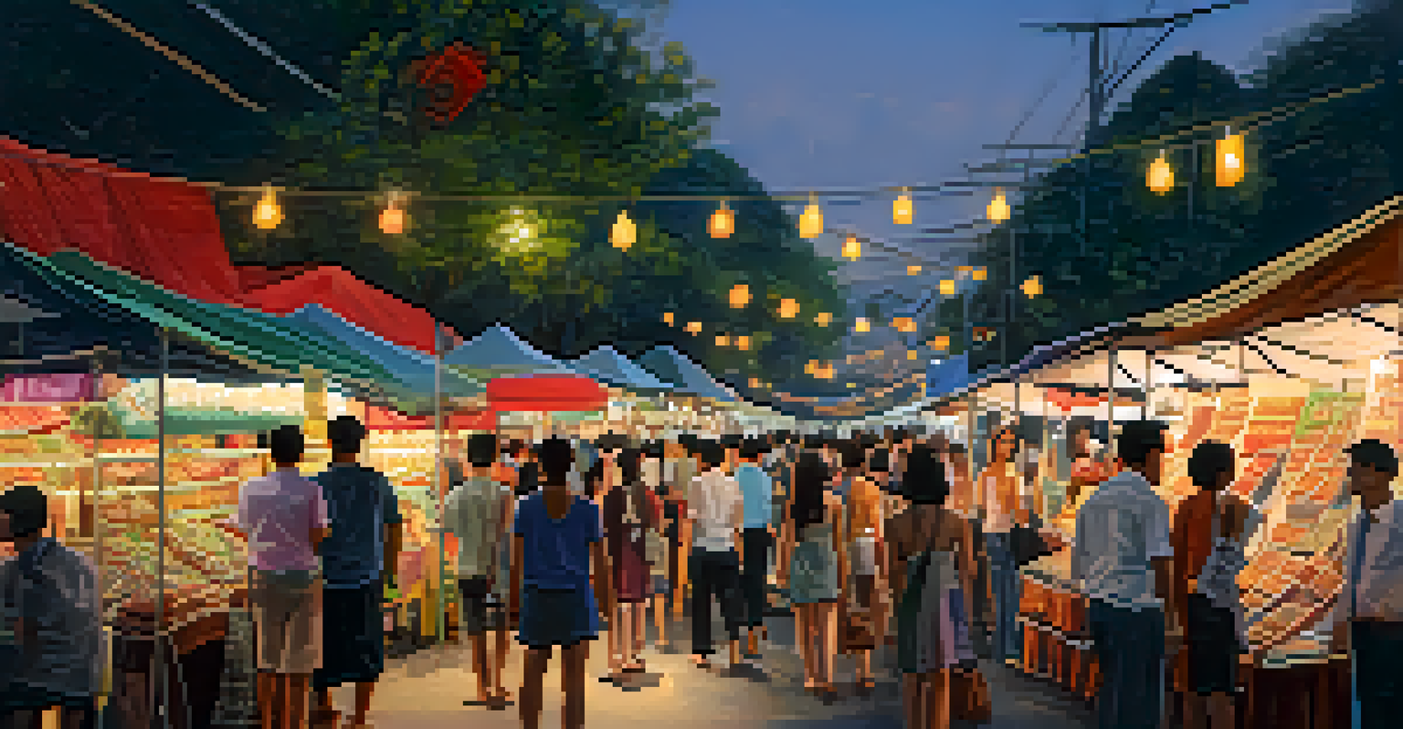 A lively evening at the Chatuchak Weekend Market in Bangkok, filled with visitors and colorful stalls.