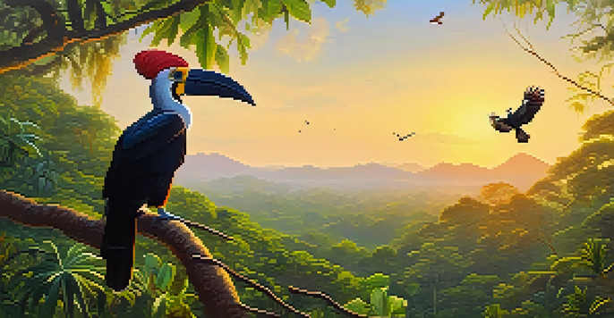 A peaceful morning scene in Khao Yai National Park, featuring green trees and colorful birds, with sunrise light illuminating the landscape.