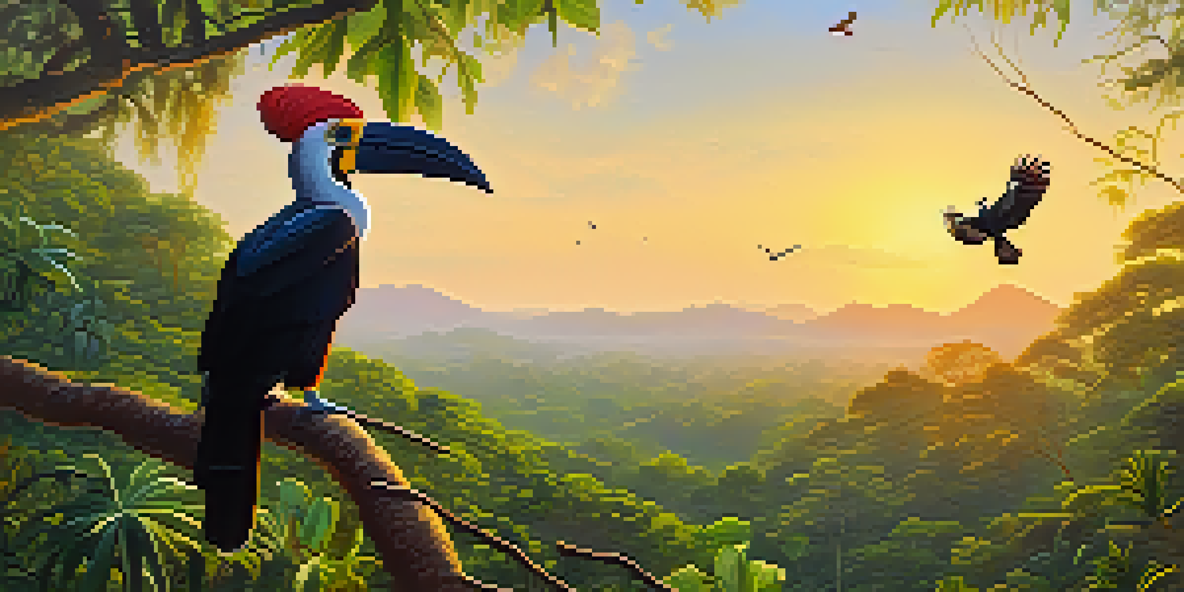 A peaceful morning scene in Khao Yai National Park, featuring green trees and colorful birds, with sunrise light illuminating the landscape.