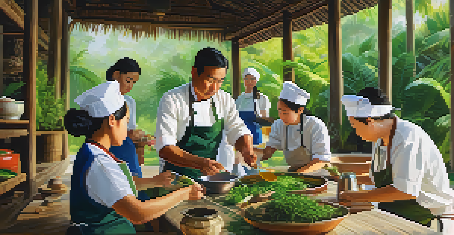 An outdoor Thai cooking class with a chef using a mortar and pestle, surrounded by fresh ingredients and participants, with greenery in the background.