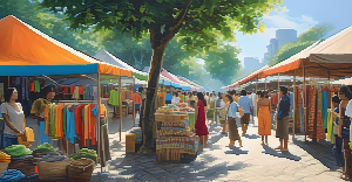 A lively outdoor fashion market in Thailand featuring colorful stalls with sustainable clothing and local artisans interacting with customers under bright sunlight.