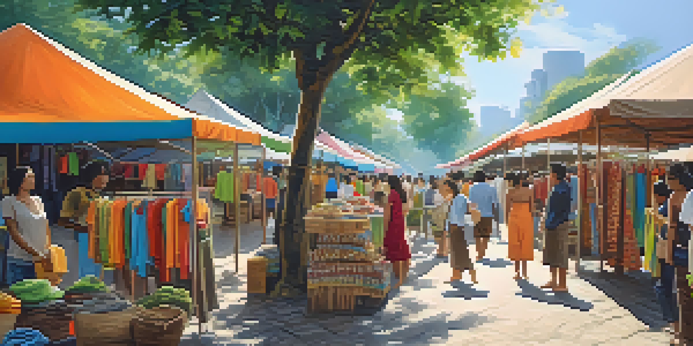 A lively outdoor fashion market in Thailand featuring colorful stalls with sustainable clothing and local artisans interacting with customers under bright sunlight.