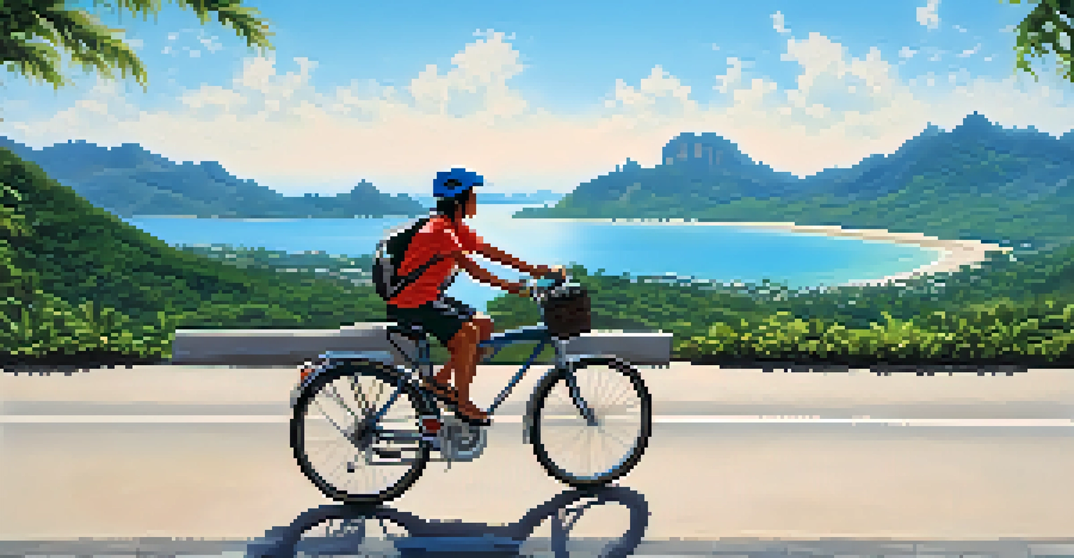 A solo traveler on a bike in the beautiful countryside of Koh Samui, surrounded by hills and tropical flowers under a clear blue sky.
