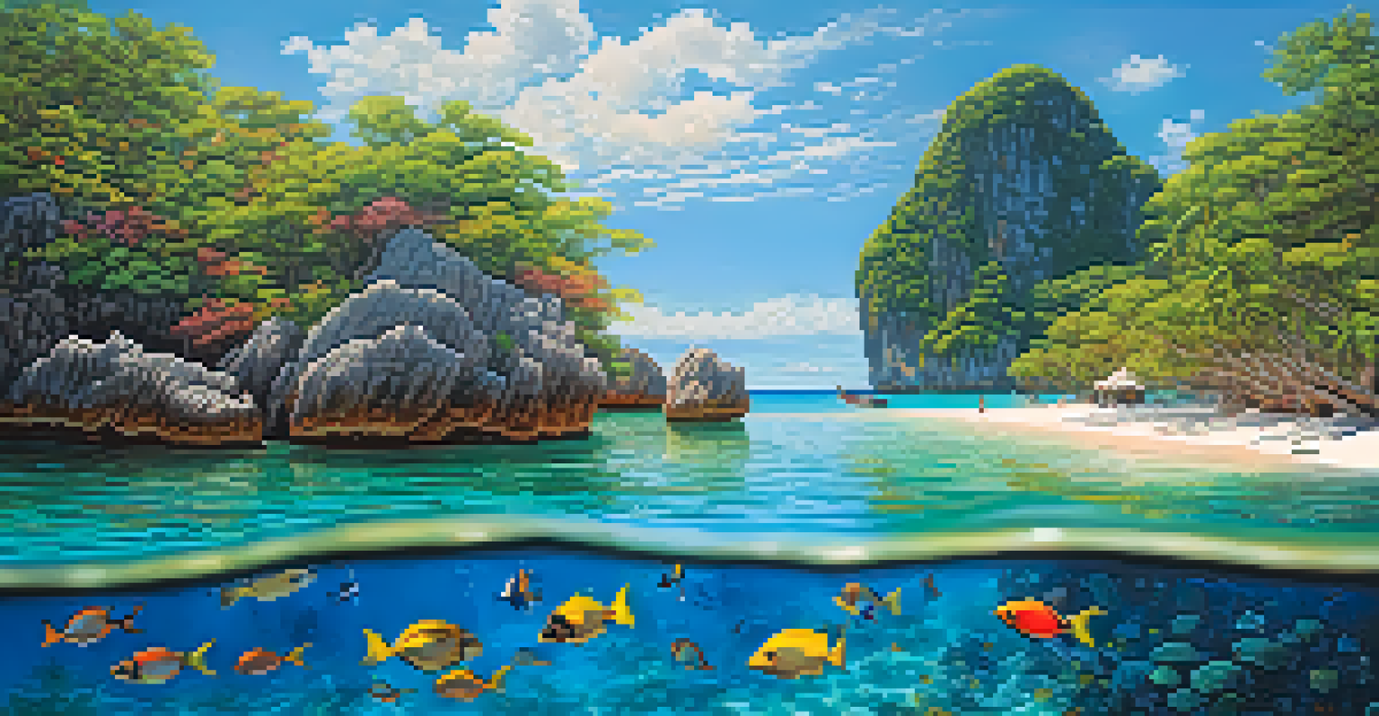 A family snorkeling above colorful coral reefs with fish swimming around them in clear water in Thailand.