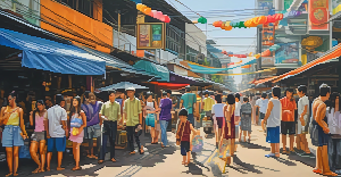 A lively street art scene in Bangkok's Chatuchak district, featuring a colorful mural and local cafes, filled with people enjoying the atmosphere.