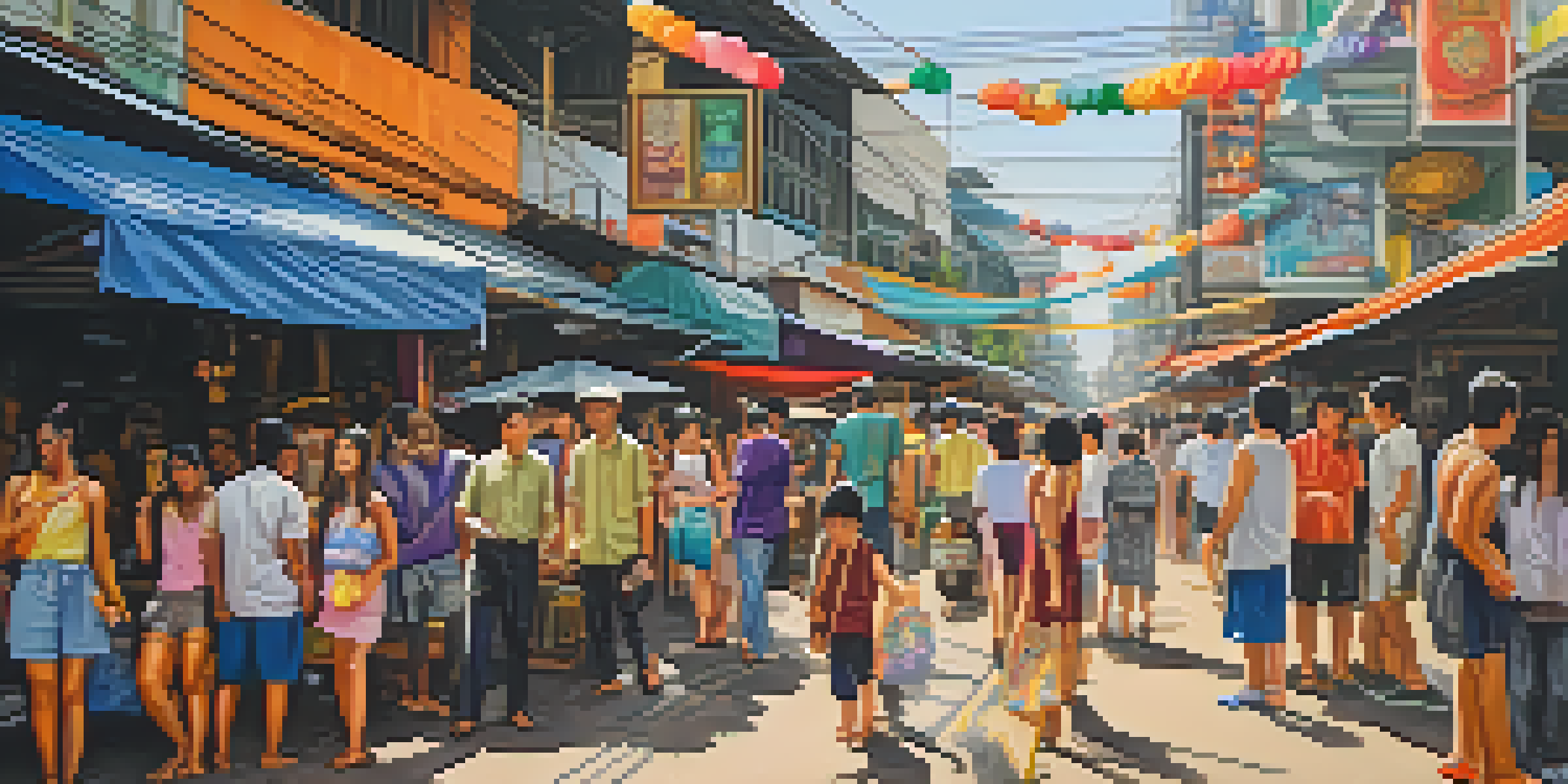 A lively street art scene in Bangkok's Chatuchak district, featuring a colorful mural and local cafes, filled with people enjoying the atmosphere.
