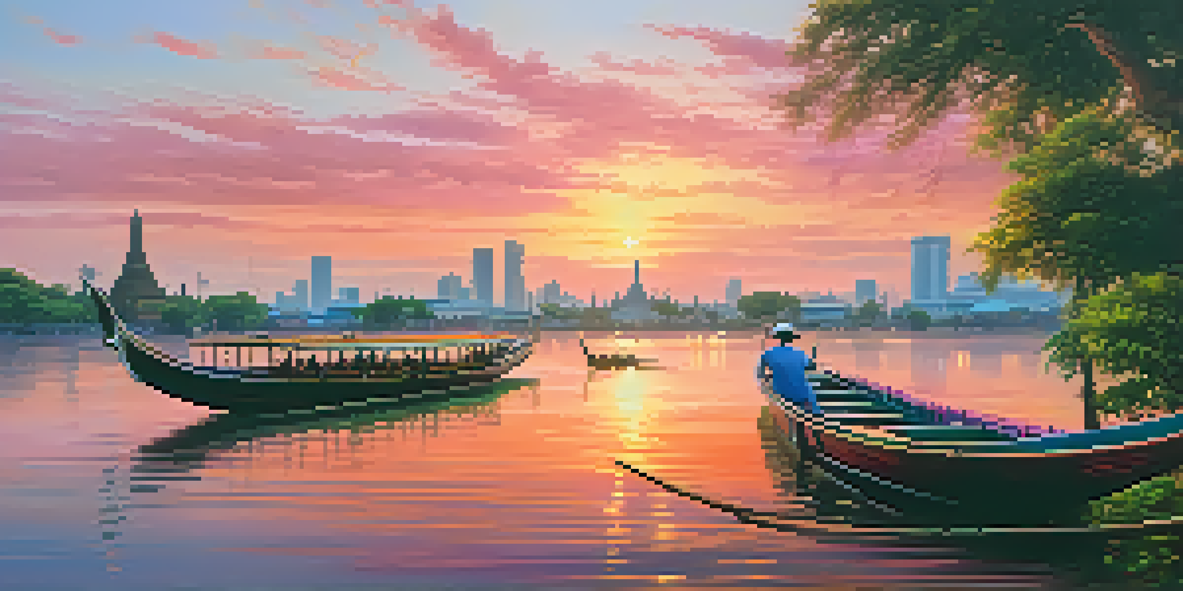 A picturesque sunset over the Chao Phraya River in Bangkok, showcasing traditional boats and iconic landmarks.
