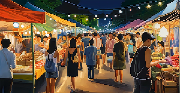 A lively night market scene with colorful stalls, fairy lights, shoppers browsing through vintage clothing, and street food vendors.