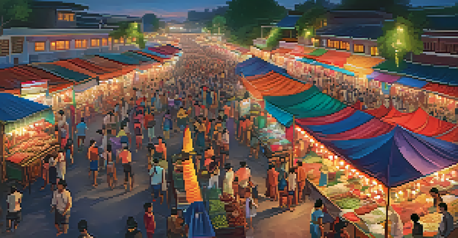 An aerial view of a festive Thai night market, featuring decorated stalls, glowing lanterns, and crowds enjoying music, showcasing community spirit.