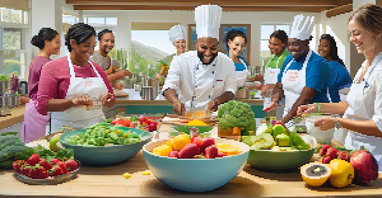 A cooking class at a spa retreat with participants preparing colorful dishes under the guidance of a chef, showcasing a vibrant kitchen atmosphere.