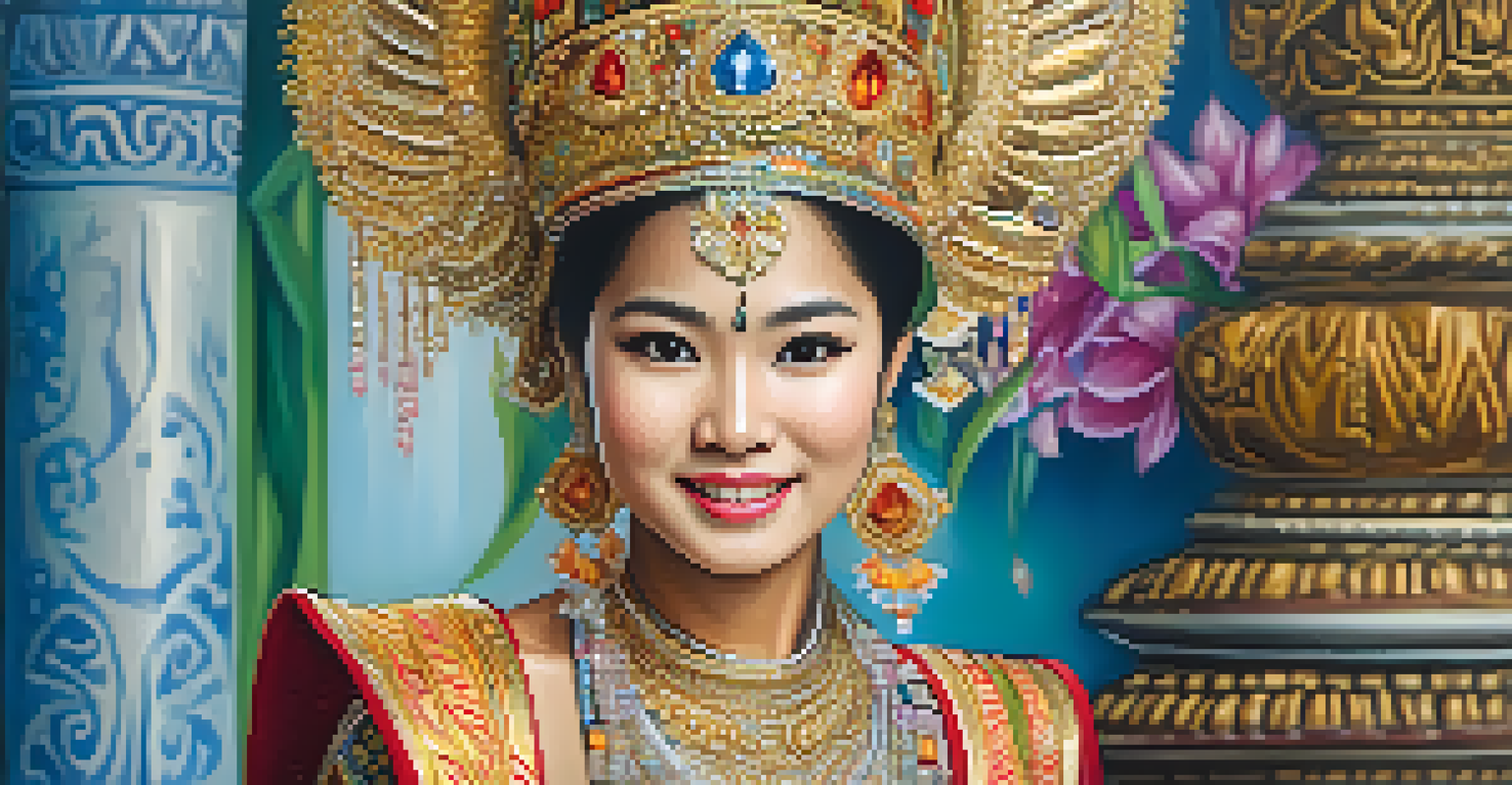 Close-up of a traditional Thai dancer in a colorful costume, showcasing intricate details and joyful expression.