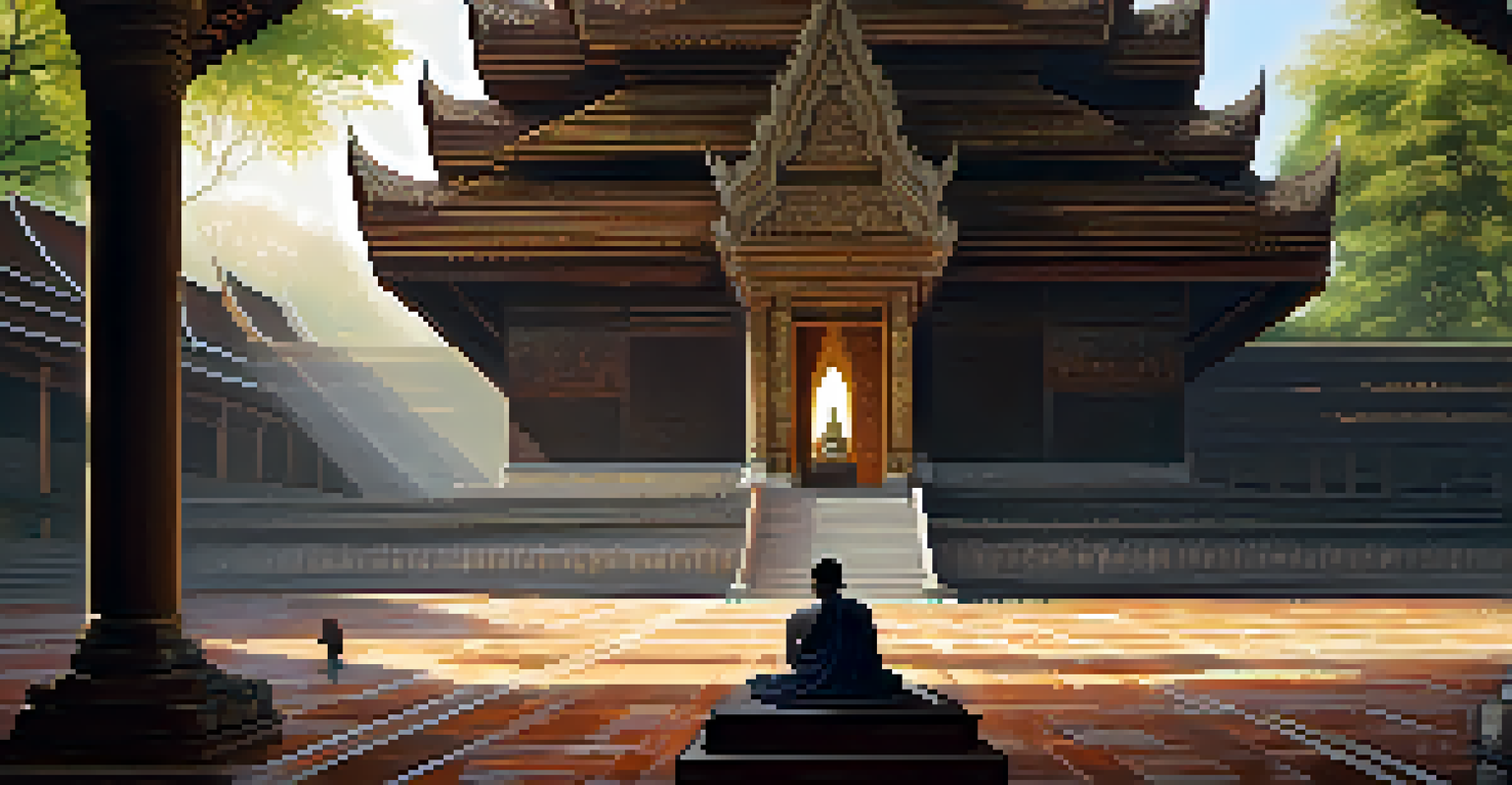 An interior view of Wat Chedi Luang featuring its towering chedi, intricate architecture, and a meditating monk.
