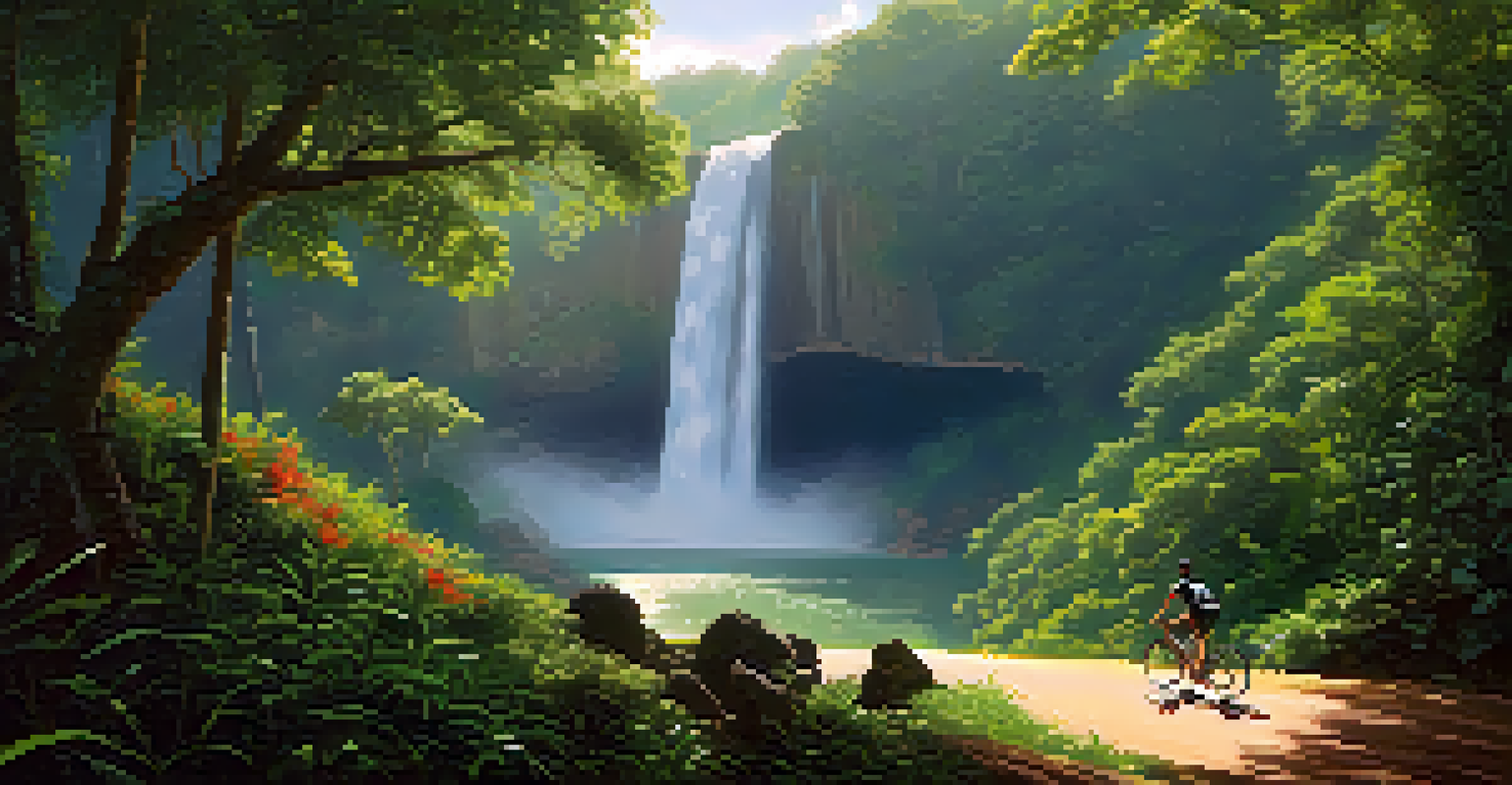 A cyclist at a waterfall in Khao Yai National Park, surrounded by lush greenery.