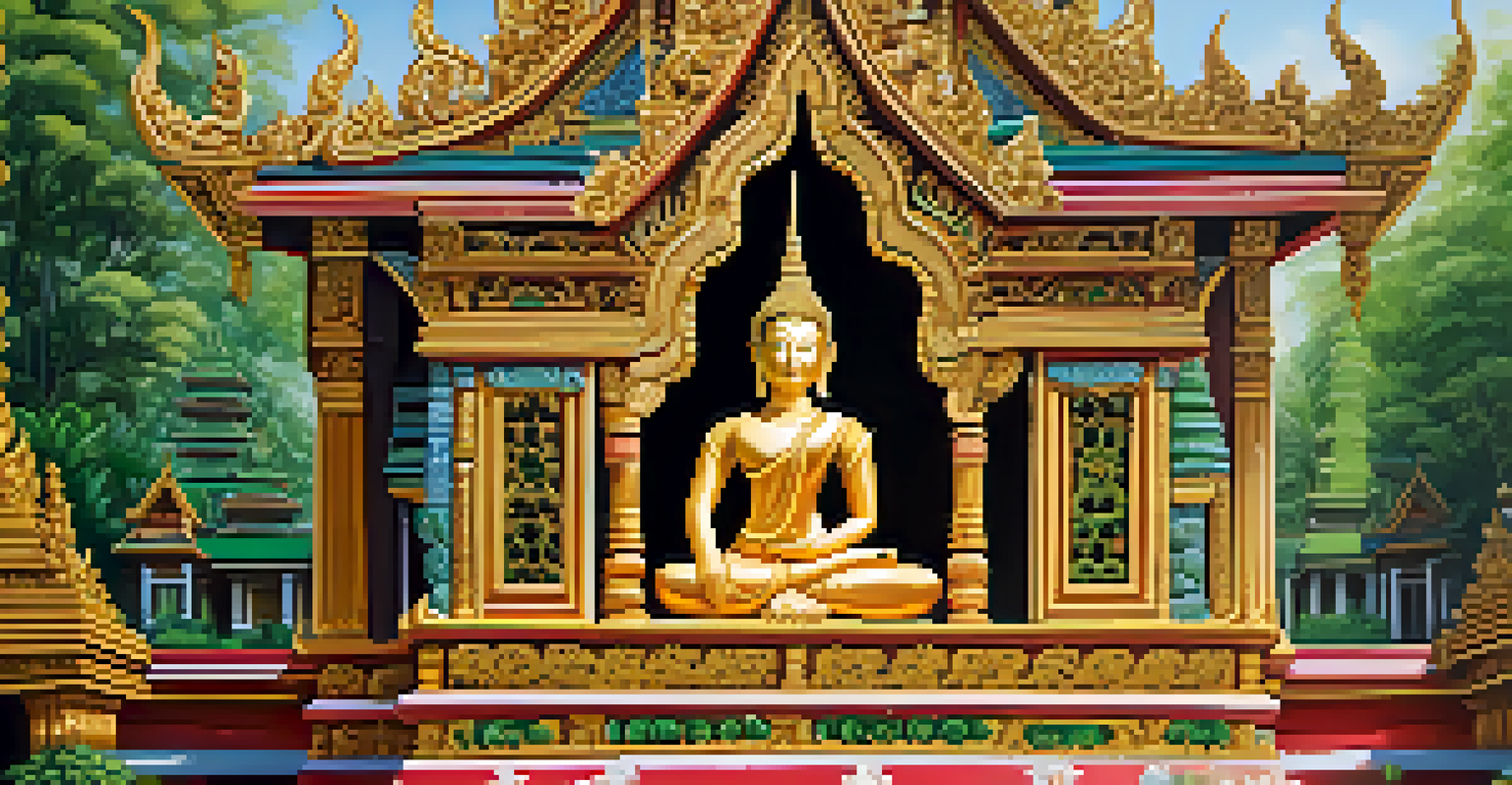 A detailed close-up of a traditional Thai temple, highlighting ornate decorations and vibrant colors amidst lush greenery.