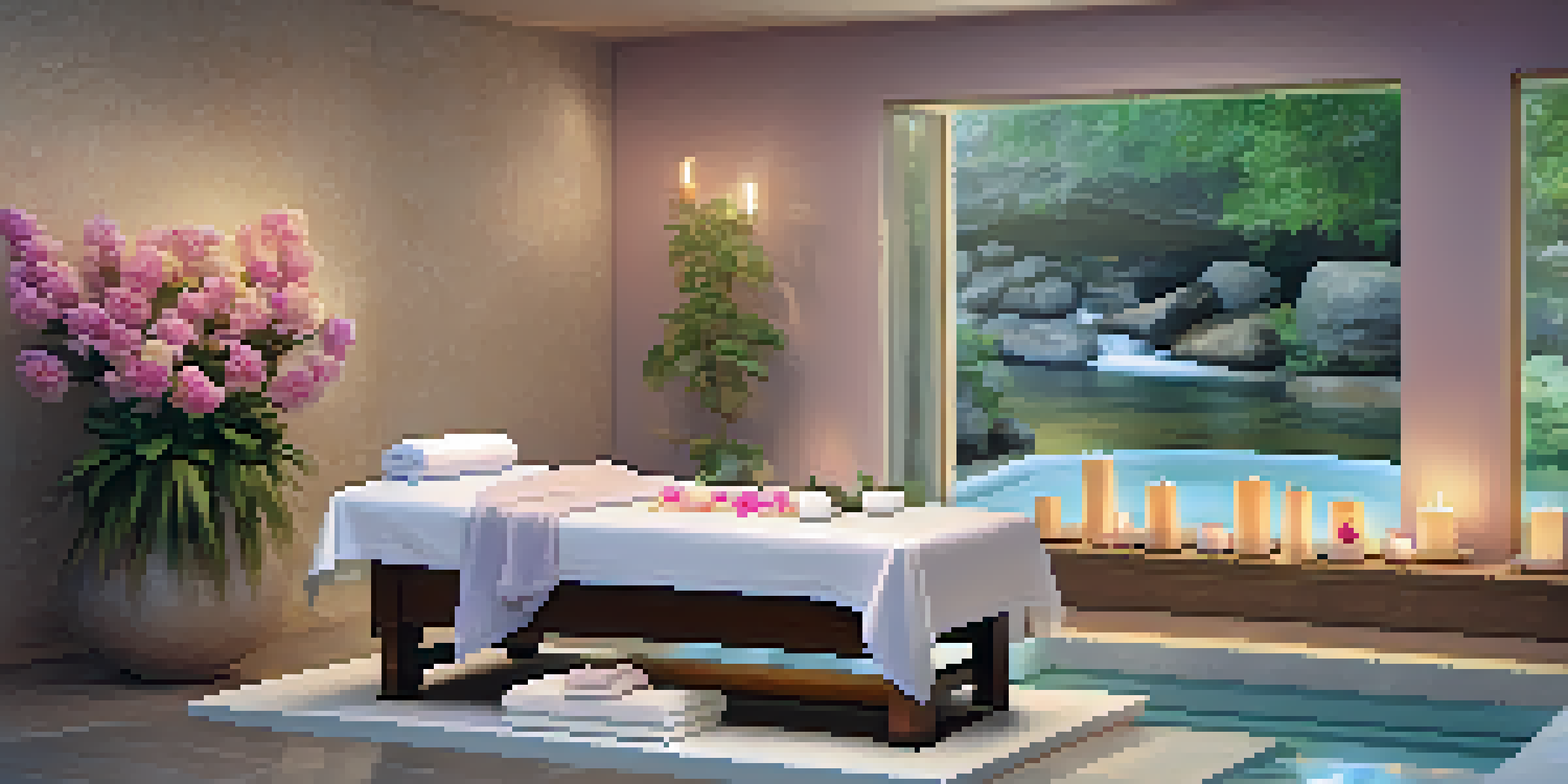 A peaceful spa environment with a massage table, flowers, and candles under soft lighting.