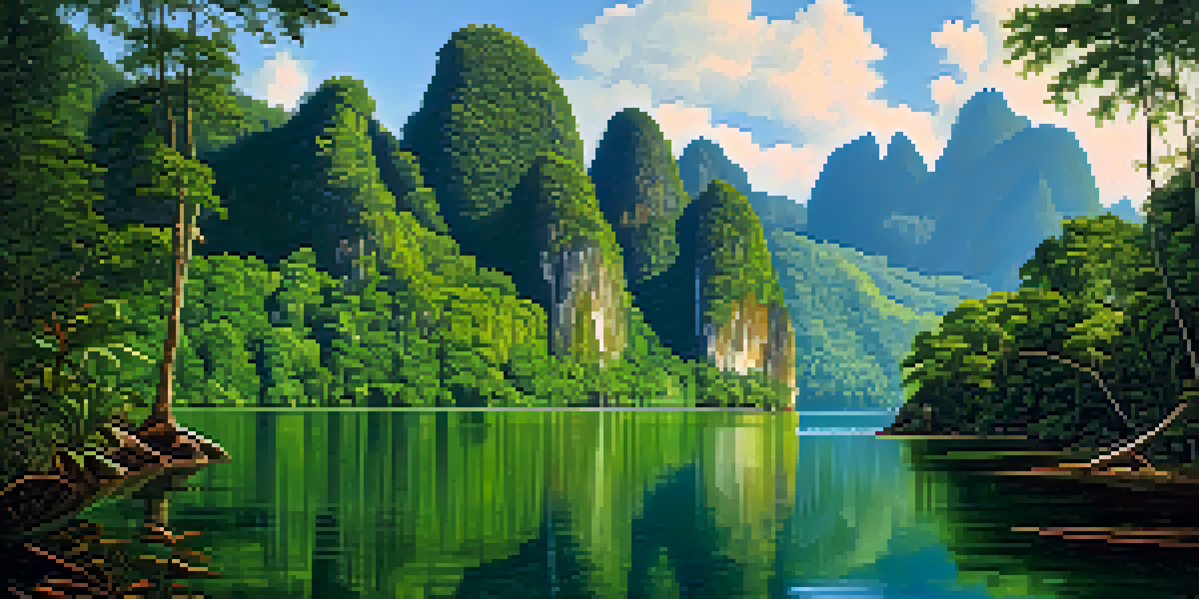 A tranquil view of Khao Sok National Park with green forests, limestone cliffs, and a reflective lake under a blue sky.