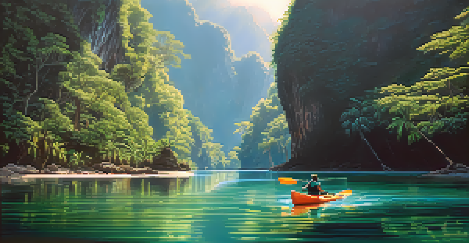 A kayaker navigates through a hidden lagoon in Thailand, surrounded by cliffs and tropical plants.