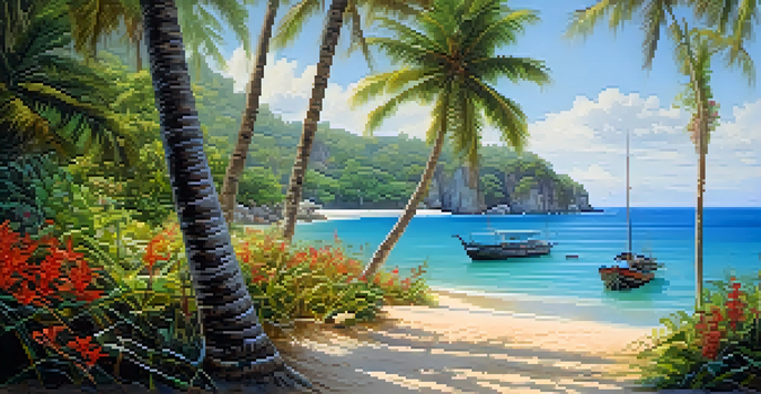 A tranquil coastal path in Thailand with palm trees and colorful flowers, leading to a clear blue cove and distant fishing boats.