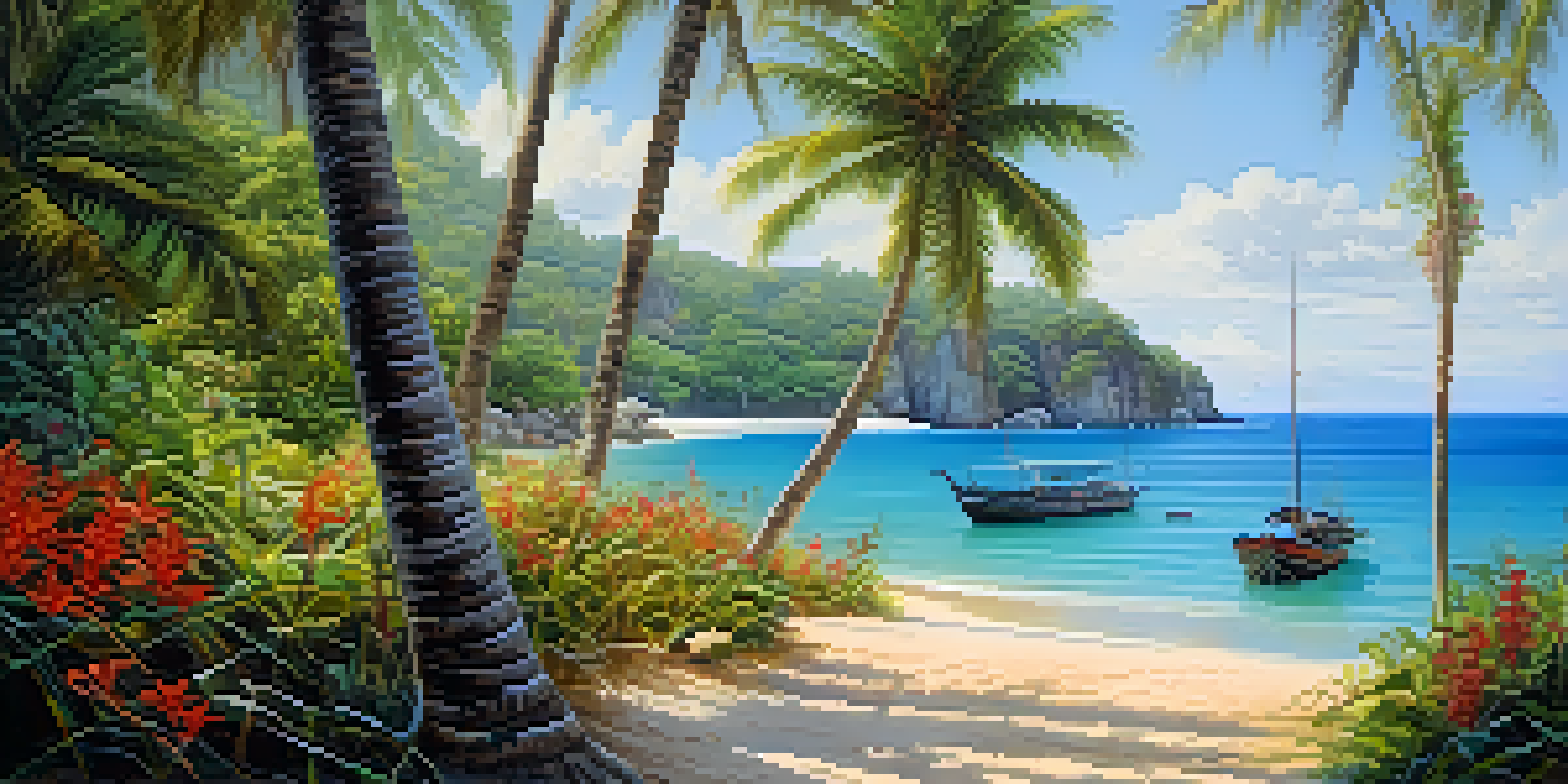 A tranquil coastal path in Thailand with palm trees and colorful flowers, leading to a clear blue cove and distant fishing boats.