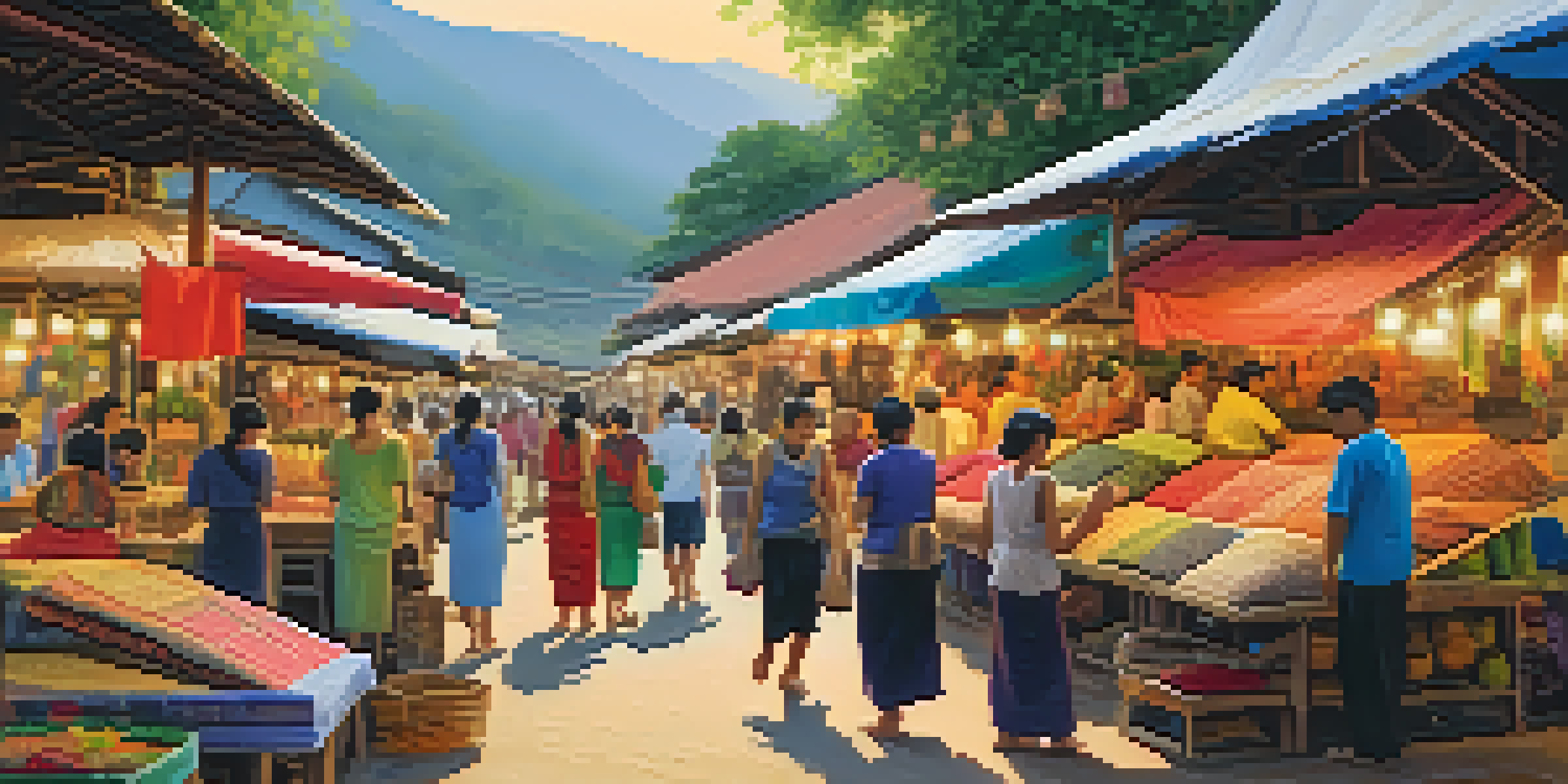 A lively market in Pai, Thailand, with colorful stalls displaying handmade textiles and jewelry, surrounded by lush mountains and bathed in warm evening light.