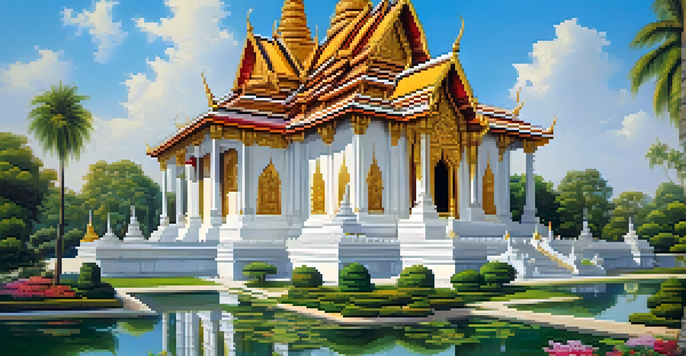 A picturesque scene of the Marble Temple in Bangkok, featuring its white marble facade and golden details, surrounded by gardens and ponds.