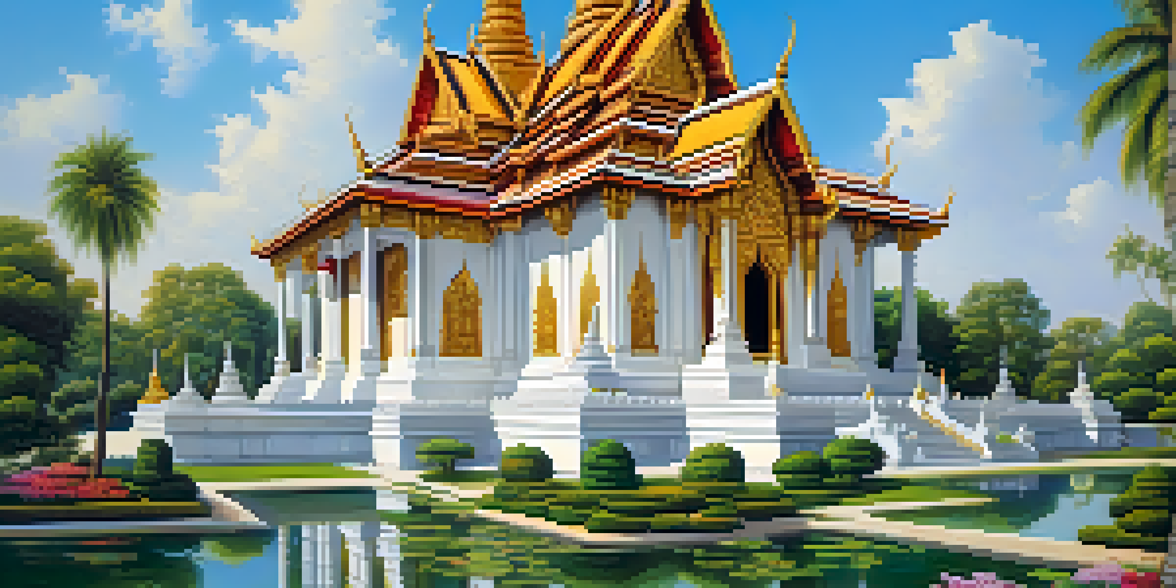 A picturesque scene of the Marble Temple in Bangkok, featuring its white marble facade and golden details, surrounded by gardens and ponds.
