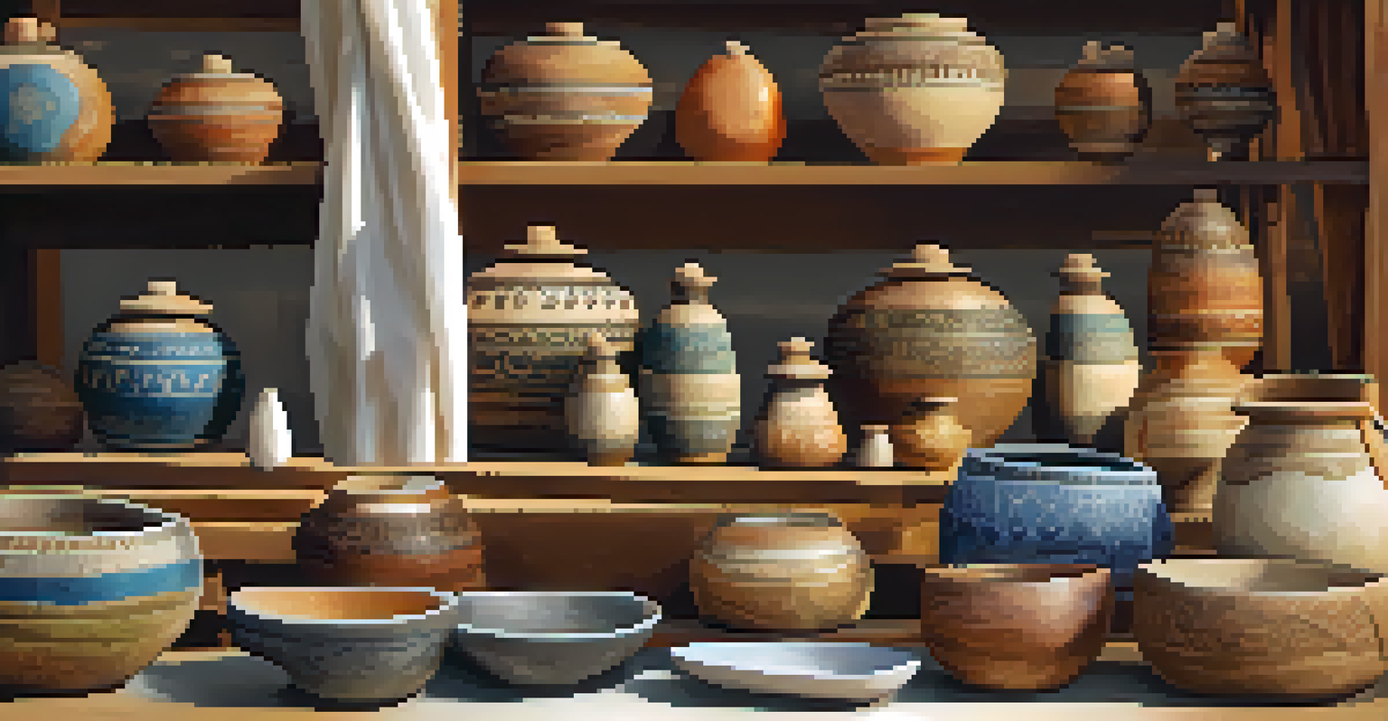 A close-up of a local artisan's booth displaying handmade pottery, jewelry, and textiles, with the artisan engaging with a customer.