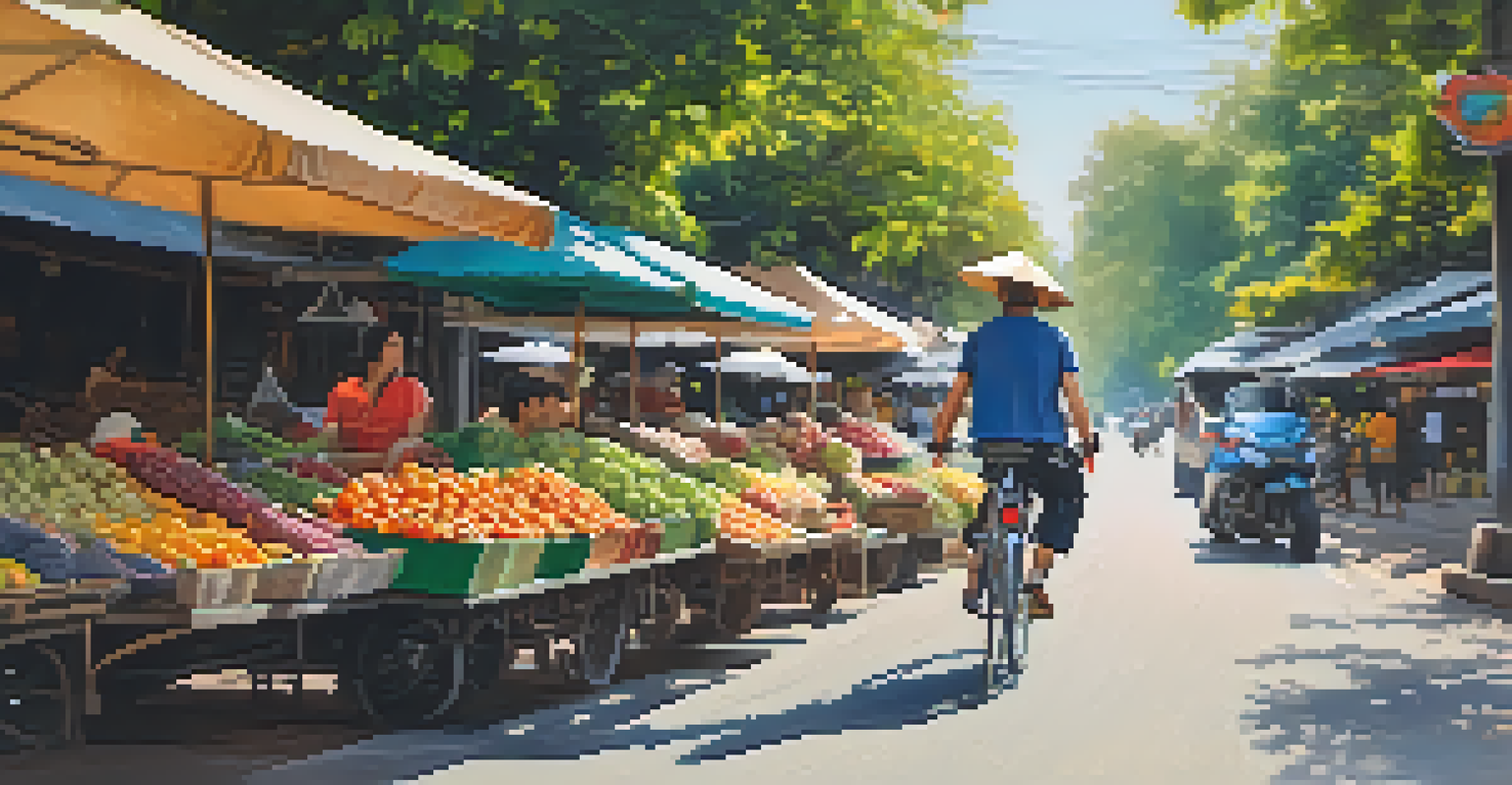 A cyclist riding through Chiang Mai's vibrant streets, surrounded by local markets and greenery.