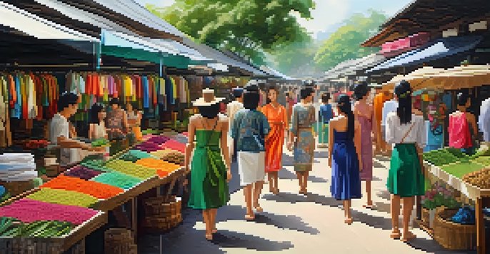 A bustling market in Thailand featuring local designers and their sustainable fashion garments, surrounded by greenery and traditional architecture.