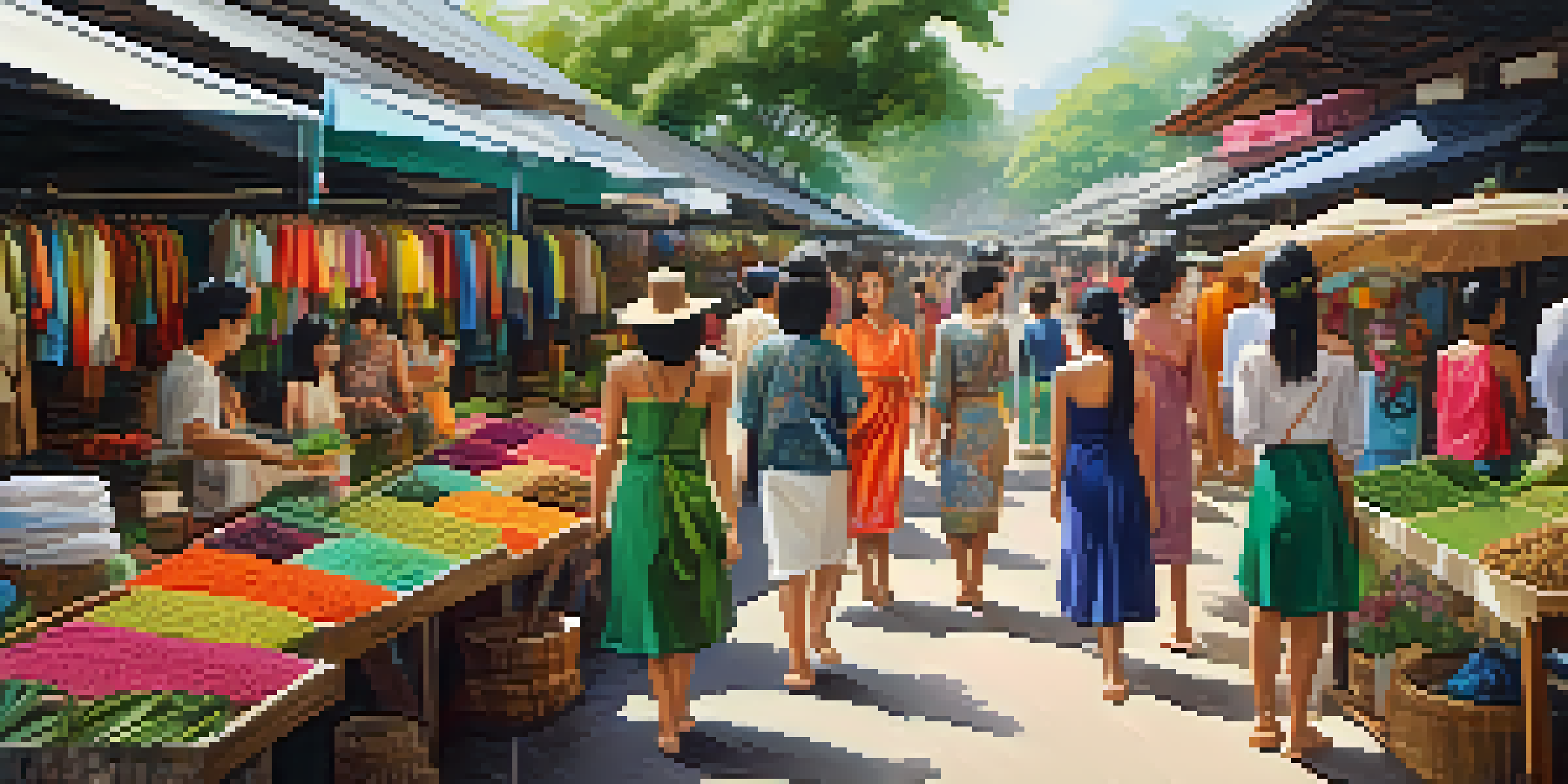 A bustling market in Thailand featuring local designers and their sustainable fashion garments, surrounded by greenery and traditional architecture.