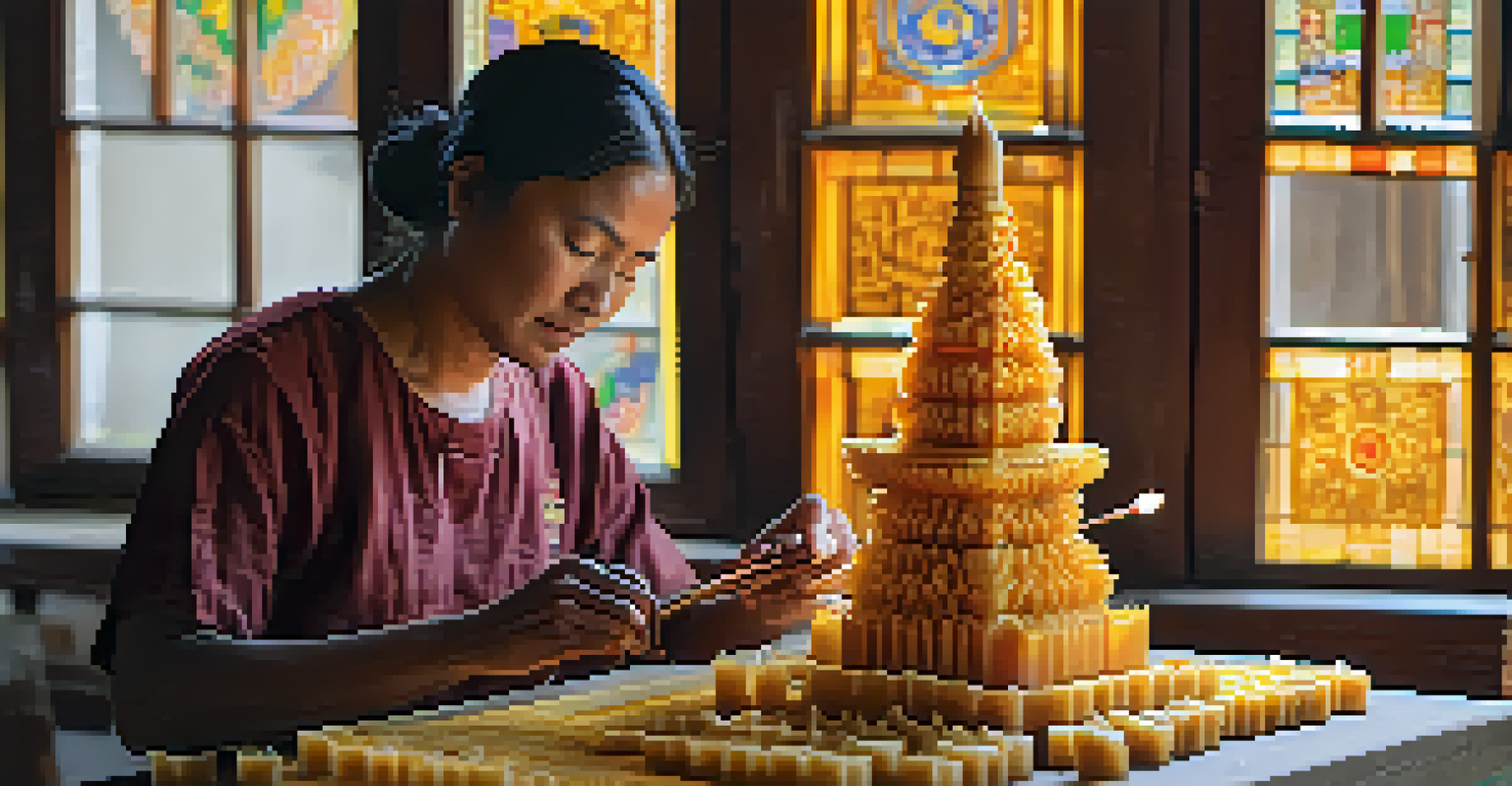 An artisan working on a detailed candle sculpture, surrounded by beeswax and tools in a well-lit workshop.