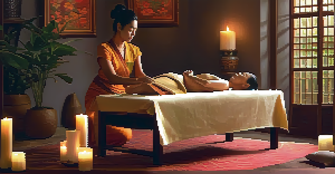 A peaceful Thai massage setting with a therapist performing a gentle stretch on a client, surrounded by candles and plants.