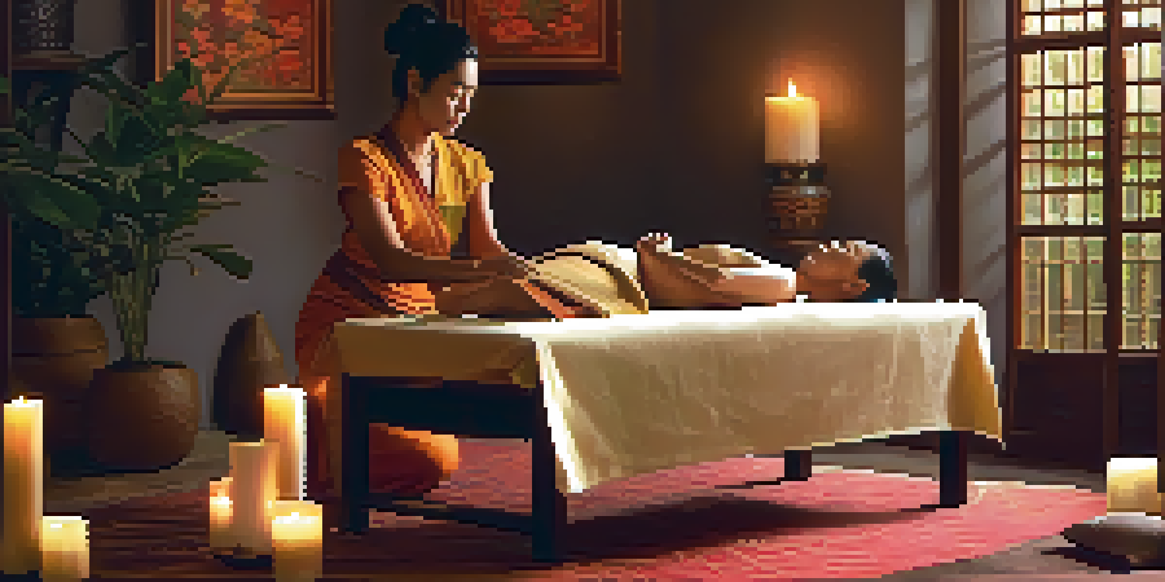 A peaceful Thai massage setting with a therapist performing a gentle stretch on a client, surrounded by candles and plants.