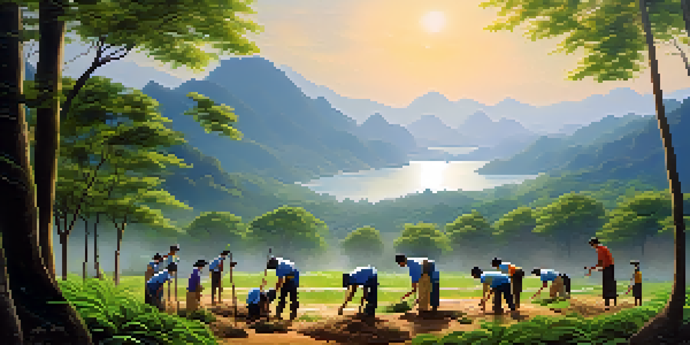 Volunteers planting trees in a lush Thai national park with mountains in the background.