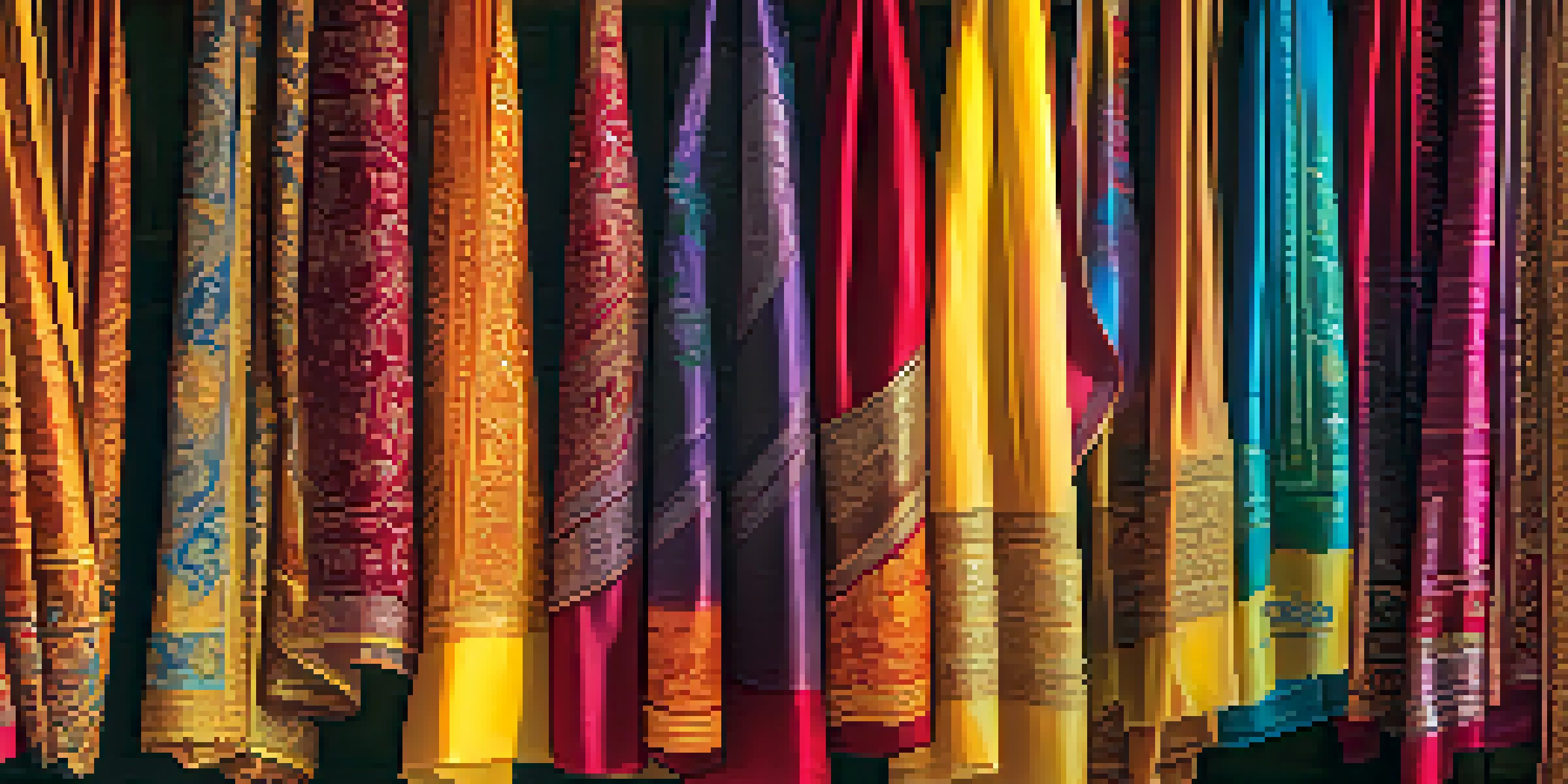 A colorful array of traditional Thai silk scarves displayed in a market, illuminated by sunlight.