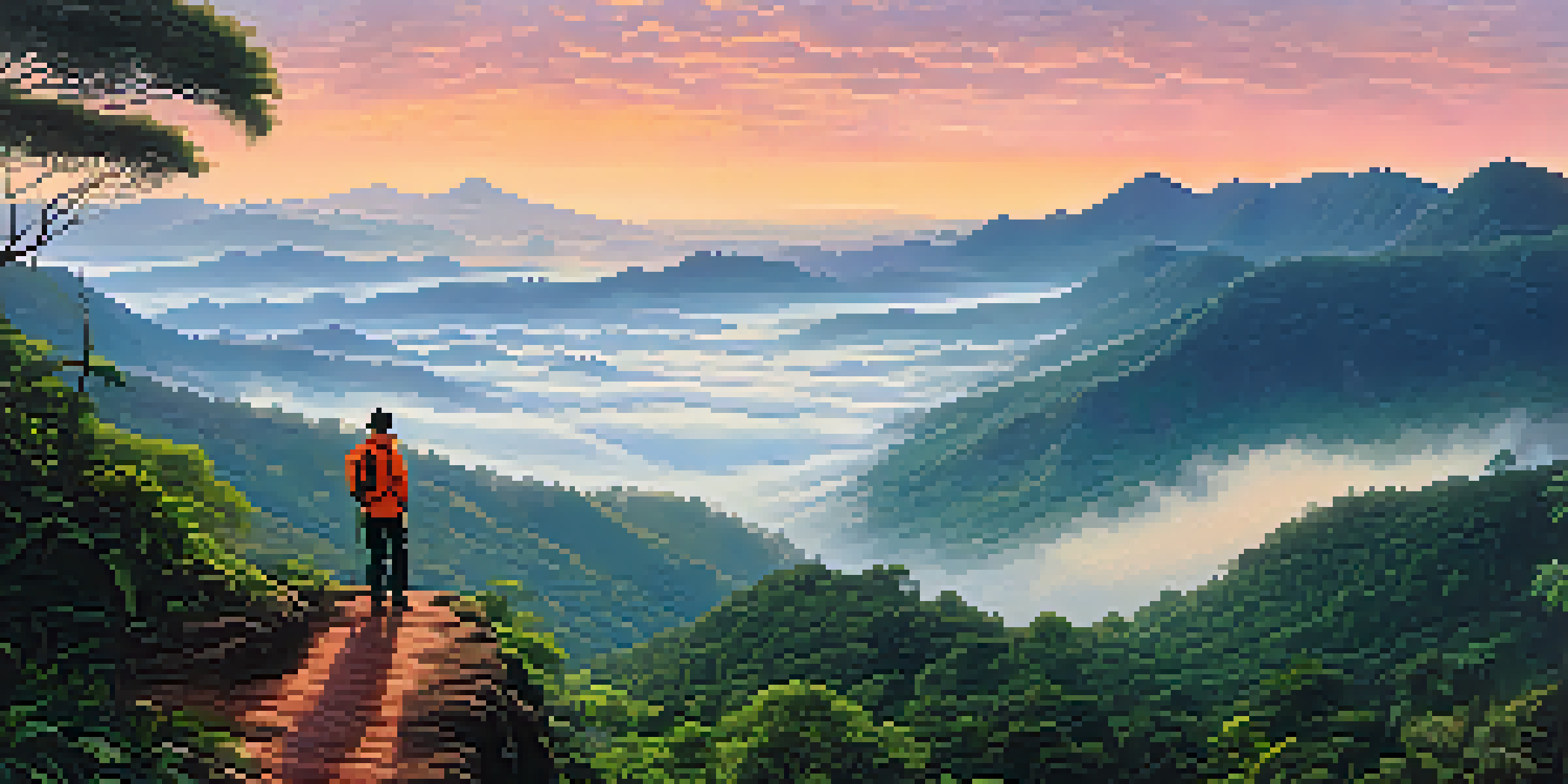 A hiker on a ridge at Doi Inthanon National Park, surrounded by misty valleys and colorful sunrise sky.
