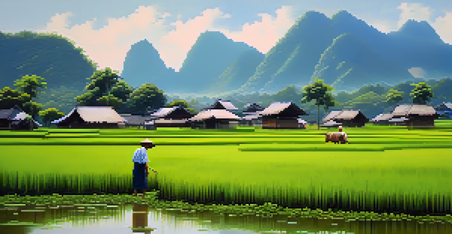 A traditional Thai village surrounded by green rice paddies, with a farmer working in the fields and mountains in the background.