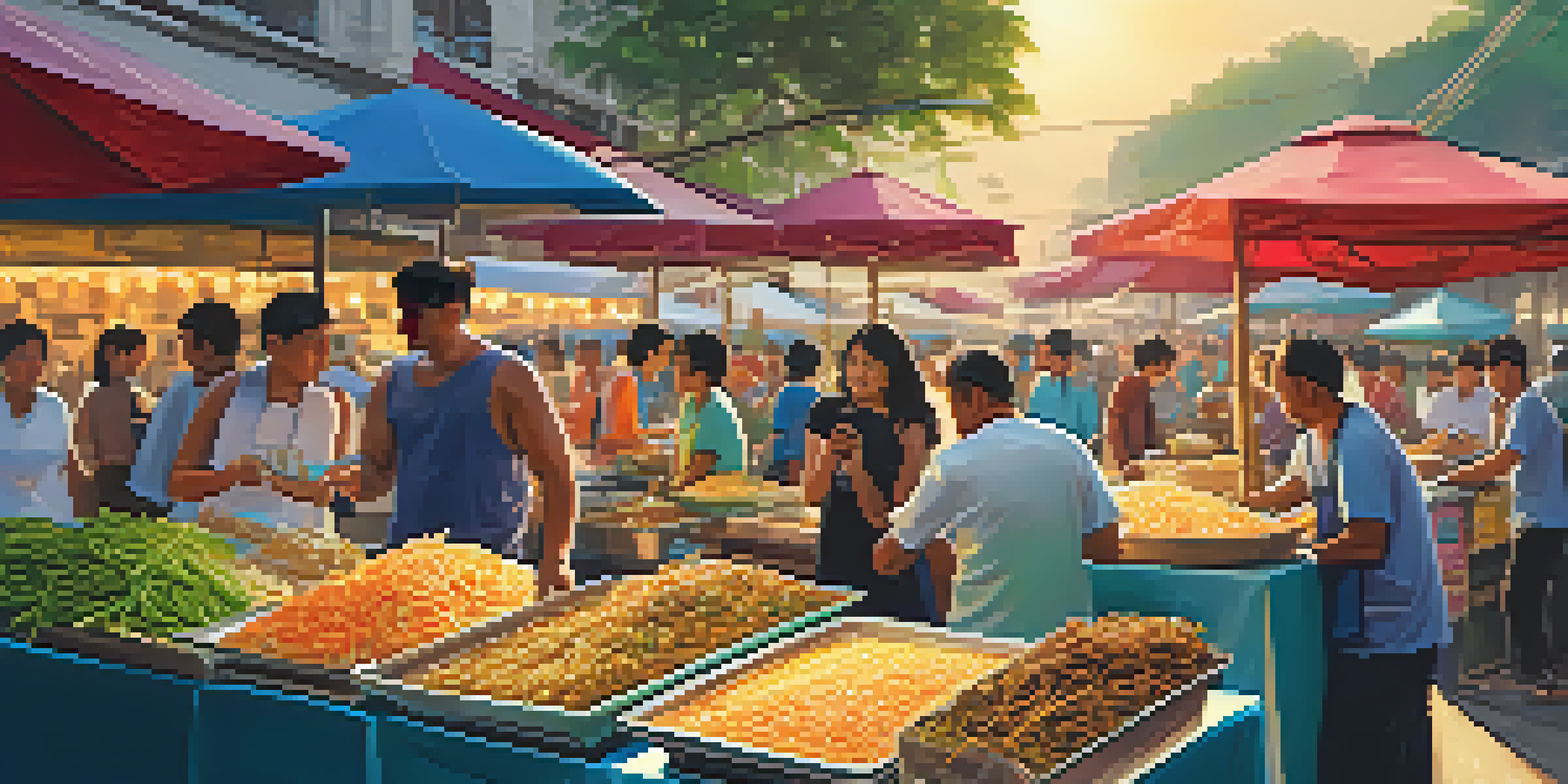 A lively Thai street food market at sunset, with colorful food stalls, vendors, and customers enjoying various dishes in warm golden light.