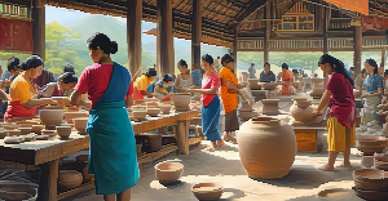 Visitors participating in a pottery-making workshop at a Thai craft fair.