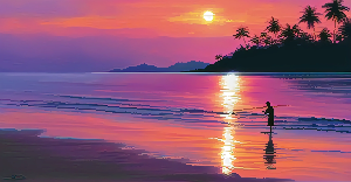 A tranquil beach at sunset in Thailand, with vibrant colors in the sky and a silhouette of a fisherman in a small boat.