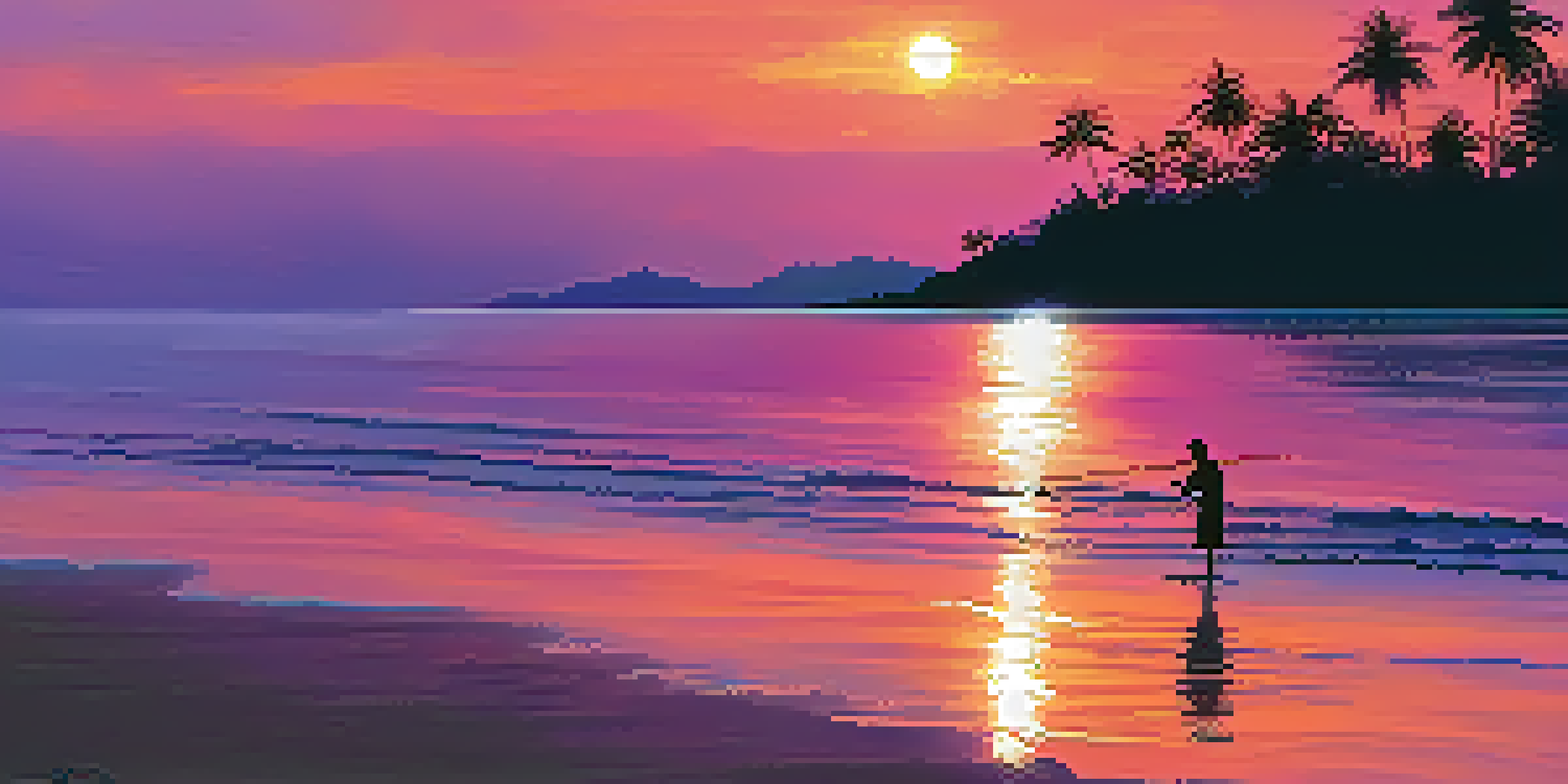 A tranquil beach at sunset in Thailand, with vibrant colors in the sky and a silhouette of a fisherman in a small boat.